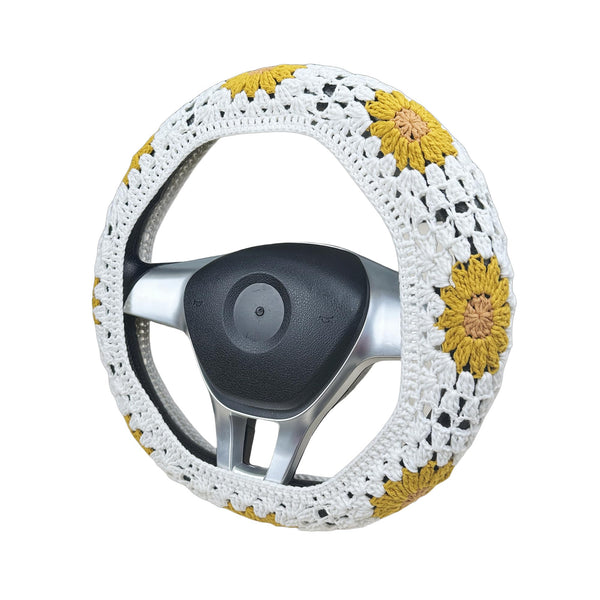 Handmade yellow flower Crochet Steering Wheel Cover for Women Girl, Cute Colorful Flower Seat Belt Cover, Car Interior Accessories Decorations.