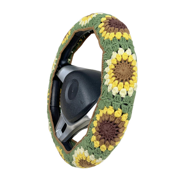 Handmade Crochet vintage Green sunflower Steering Wheel Covers Universal 14-15 inch for Women and Men