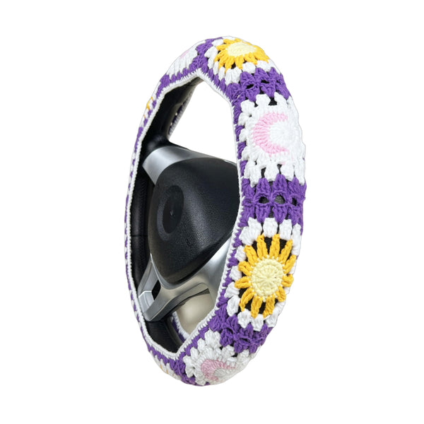 Handmade Crochet Purple Sun and Moon Granny Square Car Steering Wheel Covers Universal 14-15 inch for Women and Men