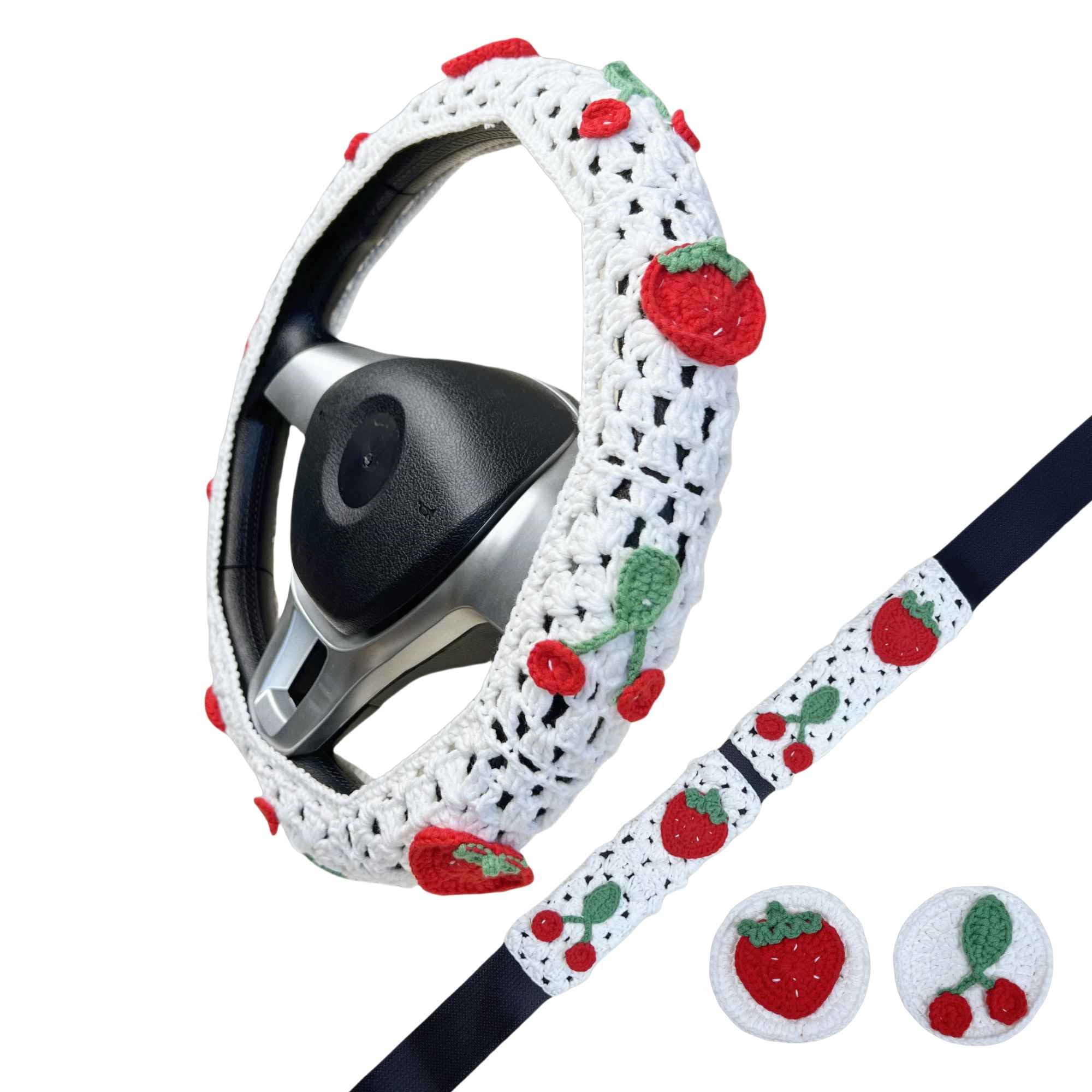 Handmade Crochet  White cute Cherry and strawberry Car Steering Wheel Covers Universal 14-15 inch for Women and Men