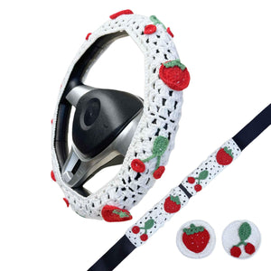 Handmade Crochet  White cute Cherry and strawberry Car Steering Wheel Covers Universal 14-15 inch for Women and Men