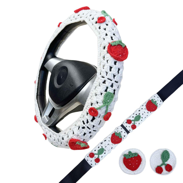 Handmade Crochet  White cute Cherry and strawberry Car Steering Wheel Covers Universal 14-15 inch for Women and Men