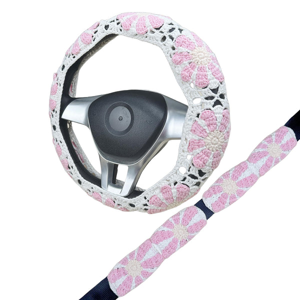 Handmade Crochet Pink daisy Steering Wheel Cover for Women Girl, Cute Colorful Flower Seat Belt Cover, Car Interior Accessories Decorations.