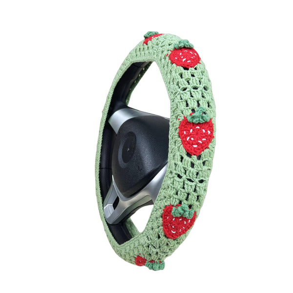 Handmade Crochet Green strawberry Steering Wheel Covers Universal 14-15 inch for Women and Men
