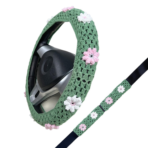 Handmade Crochet Cute Pink Daisy Steering Wheel Covers Universal 14-15 inch for Women and Men