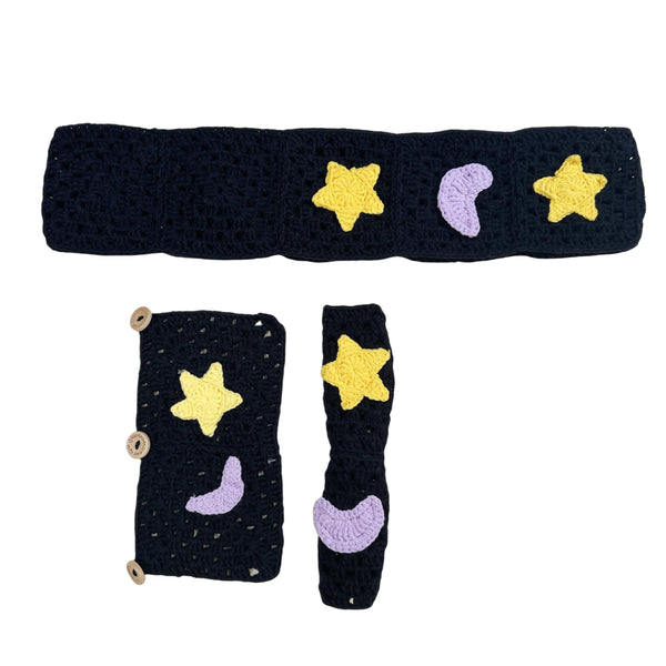 Handmade Crochet Black star and moon Steering Wheel Cover for Women Girl, Cute Colorful Flower Seat Belt Cover, Car Interior Accessories Decorations.