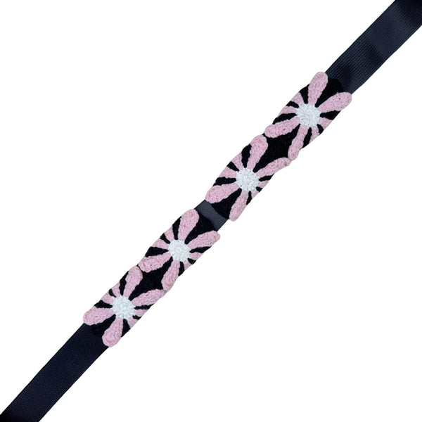 Handmade Crochet black pink daisy  Steering Wheel Cover for Women Girl, Cute Colorful Flower Seat Belt Cover, Car Interior Accessories Decorations.