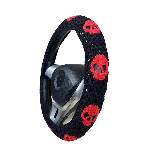 Handmade Crochet Gothic red skull Steering Wheel Covers Universal 14-15 inch for Women and Men