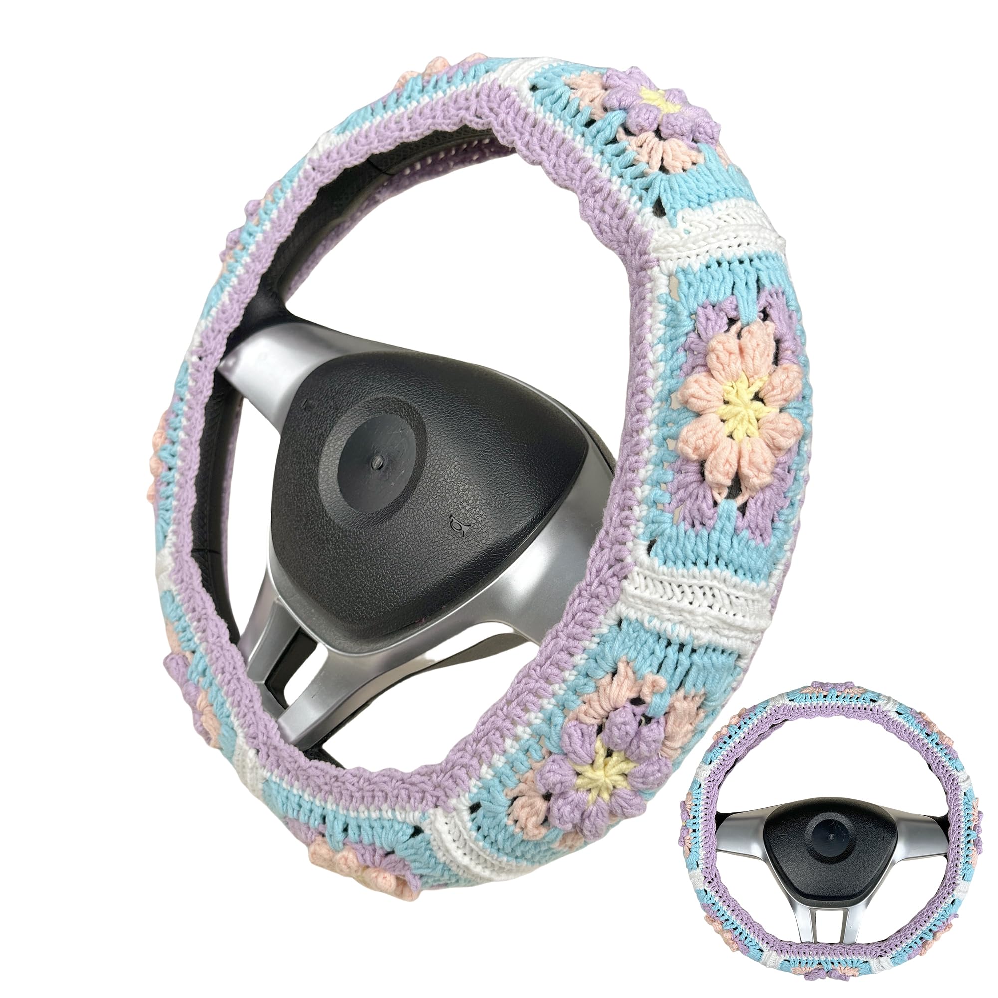 Handmade Crochet  purple and blue Cute flower Steering Wheel Covers Universal 14-15 inch for Women and Men,New Car Gift,Handmade Gift