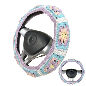 Handmade Crochet  purple and blue Cute flower Steering Wheel Covers Universal 14-15 inch for Women and Men,New Car Gift,Handmade Gift