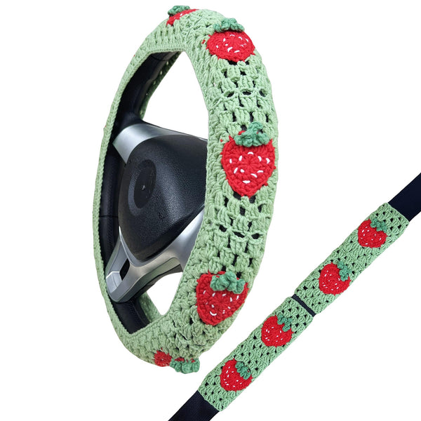 Handmade Crochet Green strawberry Steering Wheel Covers Universal 14-15 inch for Women and Men