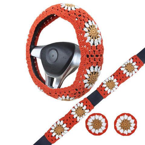 Handmade Crochet red Orange flower Steering Wheel Cover for Women Girl, Cute Colorful Flower Seat Belt Cover, Car Interior Accessories Decorations.