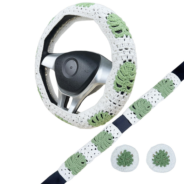Handmade Crochet Monstera Steering Wheel Cover for Women Girl, Cute Colorful Flower Seat Belt Cover, Car Interior Accessories Decorations.