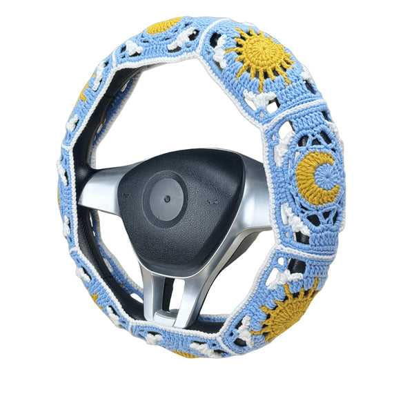 Handmade Crochet blue sun and moon Steering Wheel Cover for Women Girl, Cute Flower Seat Belt Cover, Car Interior Accessories Decorations,new car gift