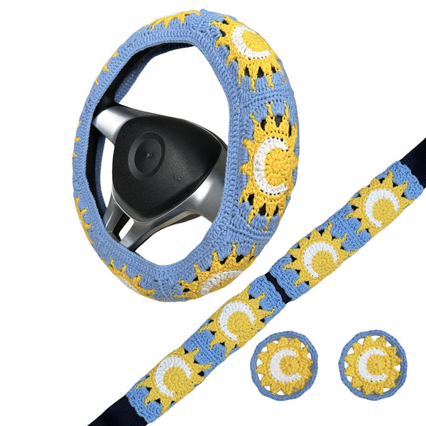 Handmade Crochet  Blue Sun and Moon Steering Wheel Covers Universal 14-15 inch for Women and Men,New Car Gift,Handmade Gift,Gift for her