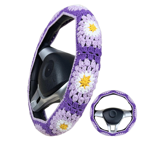 Handmade Crochet  Purple Daisy Granny Square Car Steering Wheel Covers Universal 14-15 inch for Women and Men