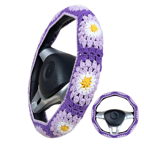 Handmade Crochet  Purple Daisy Granny Square Car Steering Wheel Covers Universal 14-15 inch for Women and Men