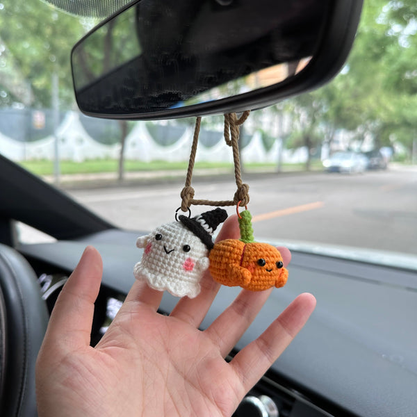 Crochet Halloween Ghost and pumpkin Car Accessories Hanging Ornament   and Pendant for Car Rear View Mirror Interior Decoration
