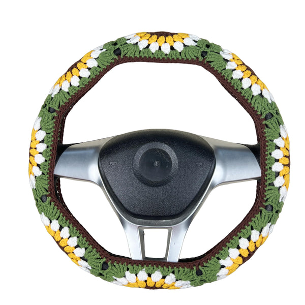 Handmade Crochet  Vintage Green Sunflower Steering Wheel Covers Universal 14-15 inch for Women and Men,New Car Gift,Handmade Gift,Gift for her
