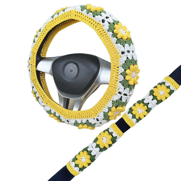 Handmade Crochet Yellow daisy Steering Wheel Cover for Women Girl, Cute Flower Seat Belt Cover, Car Interior Accessories Decorations,new car gift