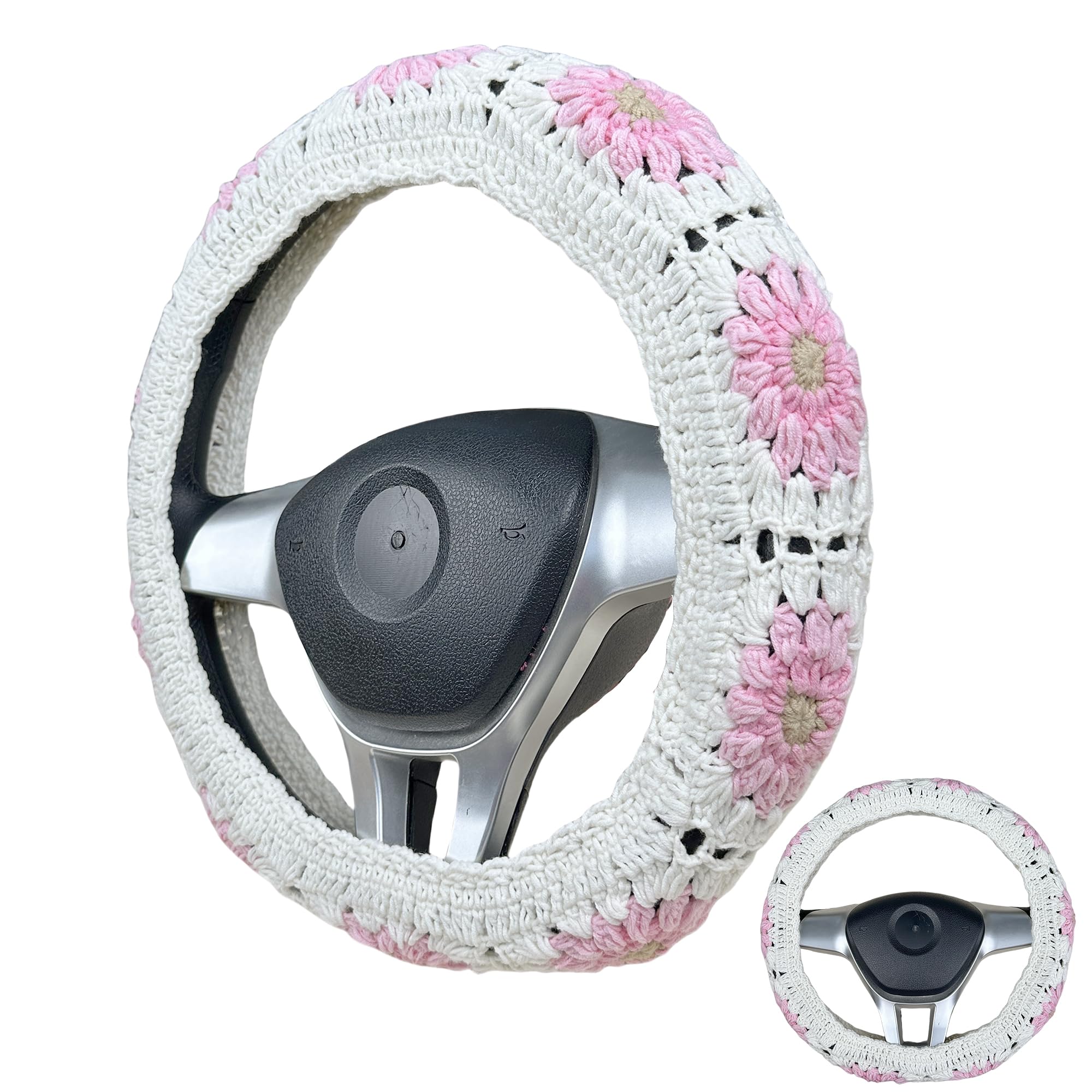 Handmade Crochet  Pink daisy flower Steering Wheel Covers Universal 14-15 inch for Women and Men,New Car Gift,Handmade Gift,Gift for her