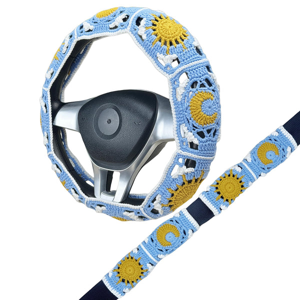 Handmade Crochet blue sun and moon Steering Wheel Cover for Women Girl, Cute Flower Seat Belt Cover, Car Interior Accessories Decorations,new car gift