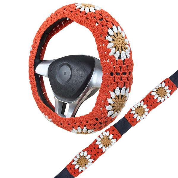 Handmade Crochet red Orange flower Steering Wheel Cover for Women Girl, Cute Colorful Flower Seat Belt Cover, Car Interior Accessories Decorations.