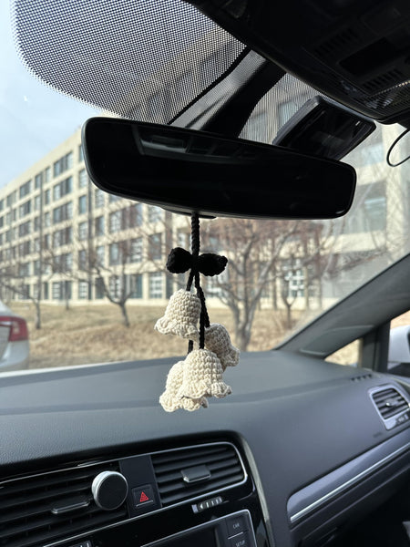 Crochet White Cute Lily Car Accessories Hanging Ornament   and Pendant for Car Rear View Mirror Interior Decoration