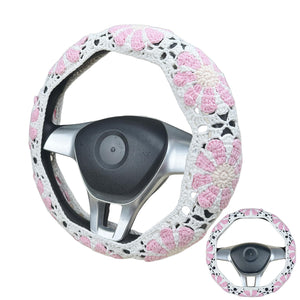 Handmade Crochet Pink daisy Steering Wheel Cover for Women Girl, Cute Colorful Flower Seat Belt Cover, Car Interior Accessories Decorations.