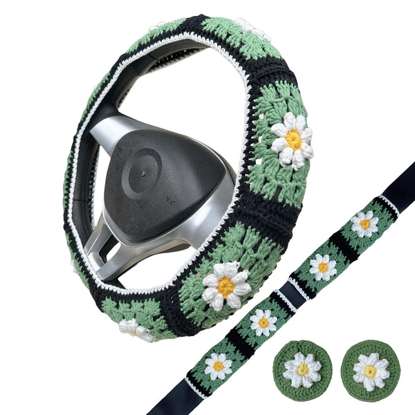 Handmade Crochet Black and Green daisy Steering Wheel Covers Universal 14-15 inch for Women and Men,New Car Gift,Handmade Gift
