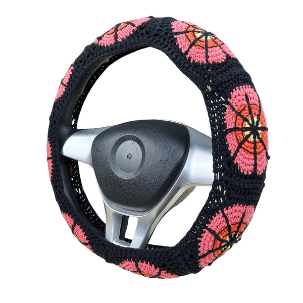 Handmade Crochet Spider web Steering Wheel Cover for Women Girl, Cute Colorful Flower Seat Belt Cover, Car Interior Accessories Decorations.