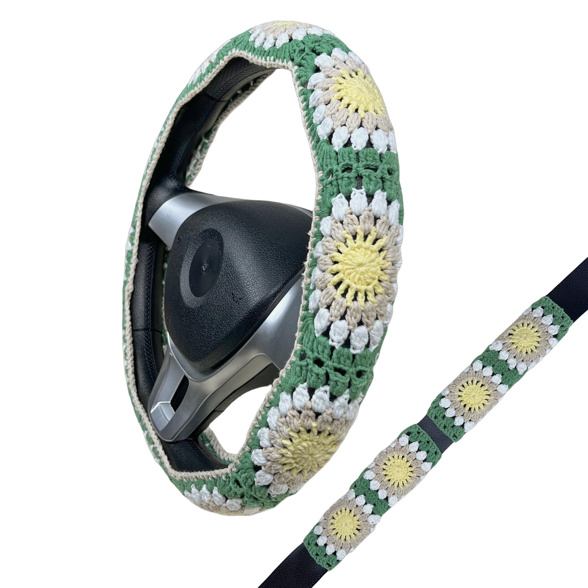 Handmade Crochet light green orange sunflower Steering Wheel Covers Universal 14-15 inch for Women and Men