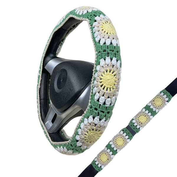 Handmade Crochet light green orange sunflower Steering Wheel Covers Universal 14-15 inch for Women and Men