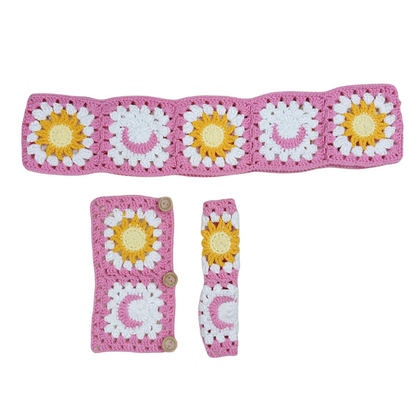 Handmade Crochet Pink Sun and moon Steering Wheel Cover for Women Girl, Cute Flower Seat Belt Cover, Car Interior Accessories Decorations,new car gift