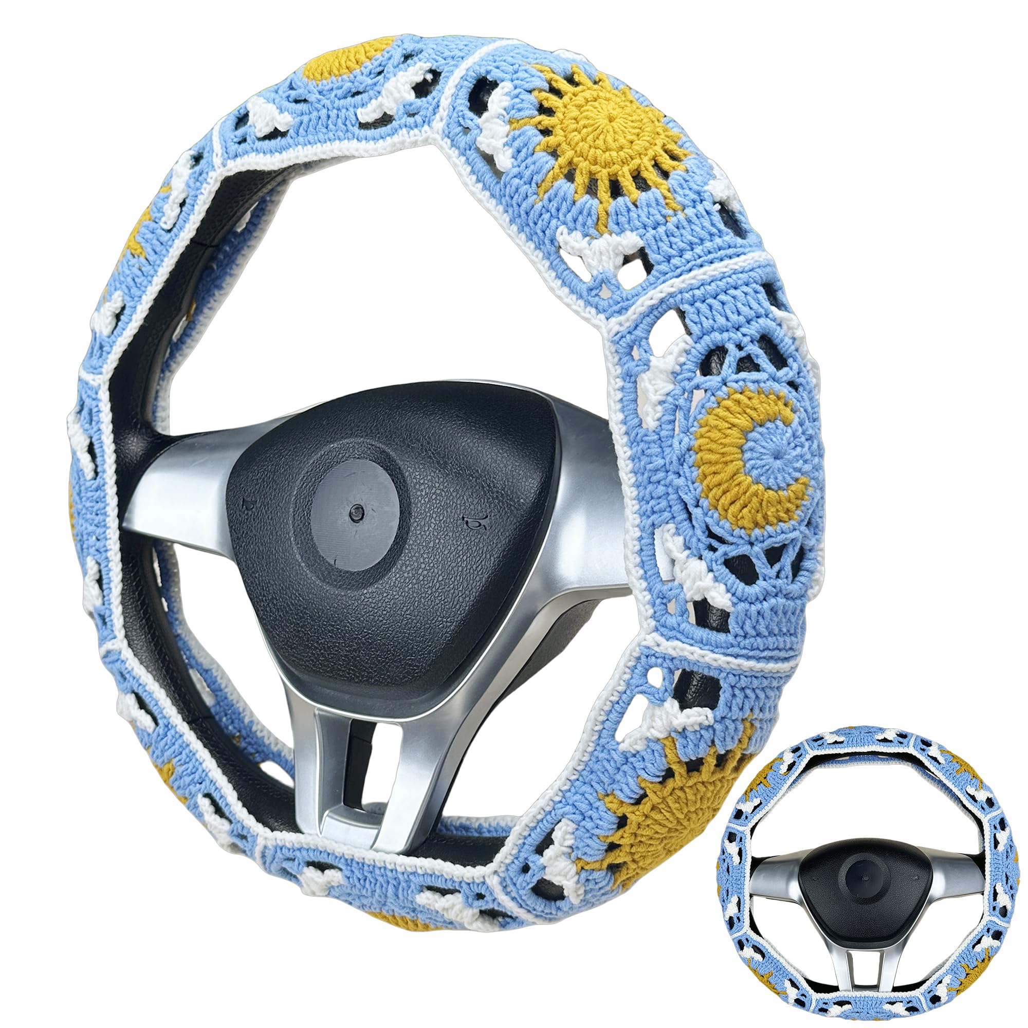 Handmade Crochet blue sun and moon Steering Wheel Cover for Women Girl, Cute Flower Seat Belt Cover, Car Interior Accessories Decorations,new car gift