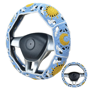 Handmade Crochet blue sun and moon Steering Wheel Cover for Women Girl, Cute Flower Seat Belt Cover, Car Interior Accessories Decorations,new car gift