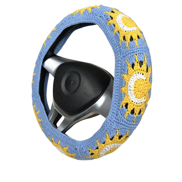 Handmade Crochet  Blue Sun and Moon Steering Wheel Covers Universal 14-15 inch for Women and Men,New Car Gift,Handmade Gift,Gift for her