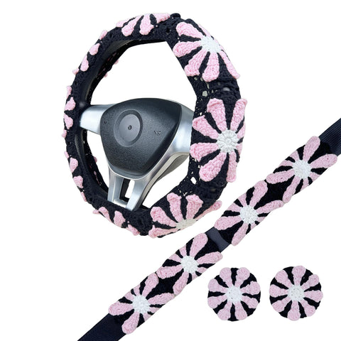Handmade Crochet black pink daisy  Steering Wheel Cover for Women Girl, Cute Colorful Flower Seat Belt Cover, Car Interior Accessories Decorations.