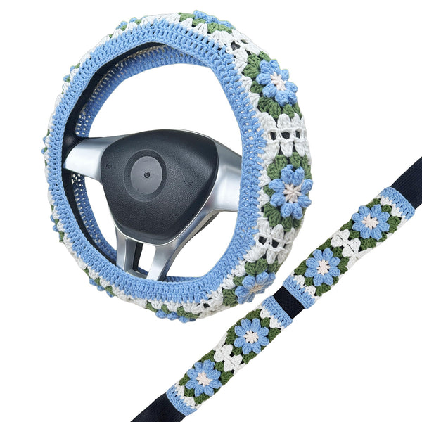 Handmade Crochet Green and blue flower Steering Wheel Cover for Women Girl, Cute Colorful Flower Seat Belt Cover, Car Interior Accessories Decorations.
