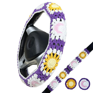 Handmade Crochet Purple Sun and Moon Granny Square Car Steering Wheel Covers Universal 14-15 inch for Women and Men