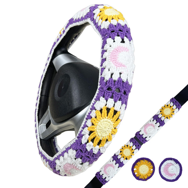 Handmade Crochet Purple Sun and Moon Granny Square Car Steering Wheel Covers Universal 14-15 inch for Women and Men