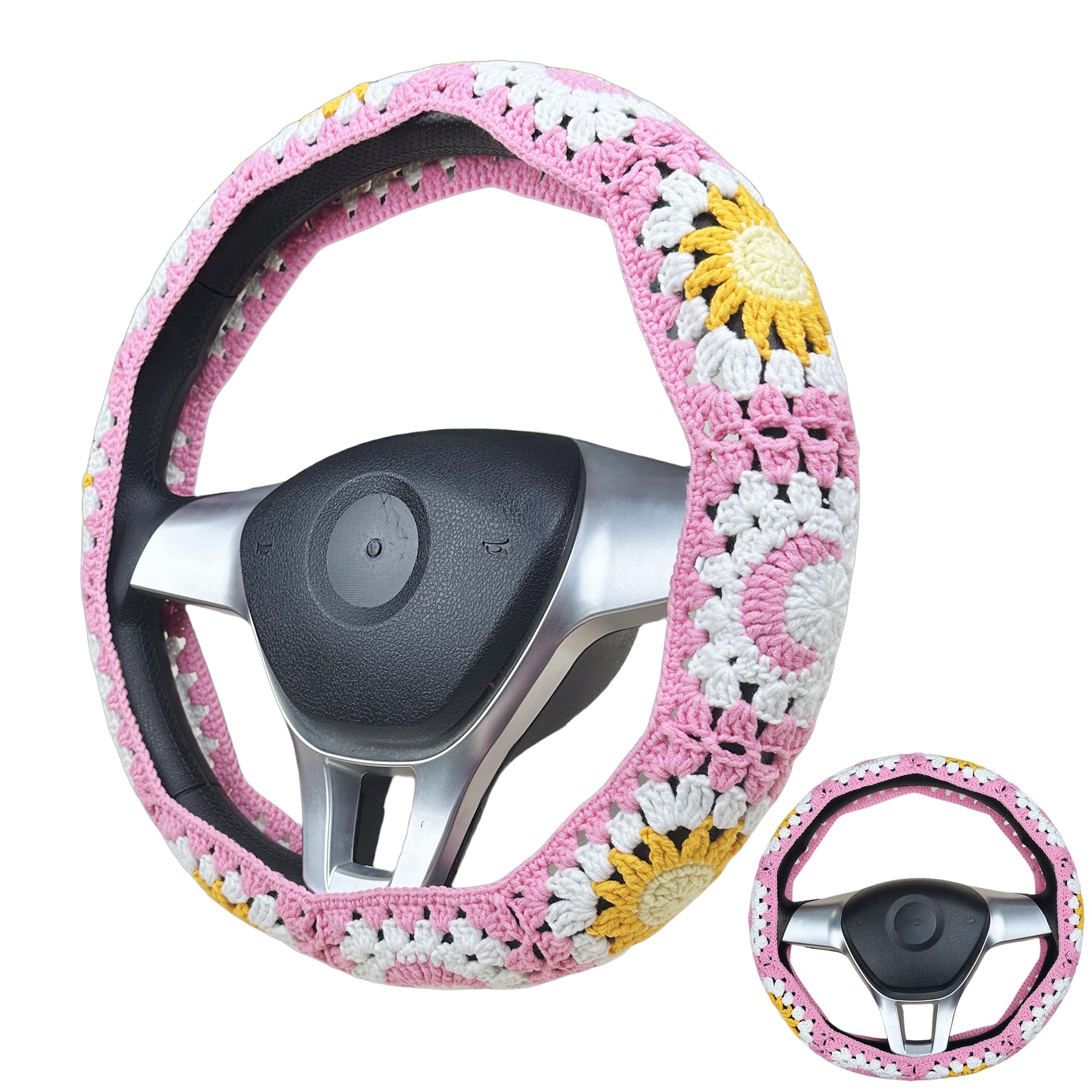 Handmade Crochet Pink Sun and moon Steering Wheel Cover for Women Girl, Cute Flower Seat Belt Cover, Car Interior Accessories Decorations,new car gift