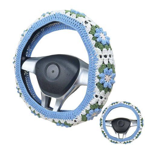 Handmade Crochet Green and blue flower Steering Wheel Cover for Women Girl, Cute Colorful Flower Seat Belt Cover, Car Interior Accessories Decorations.