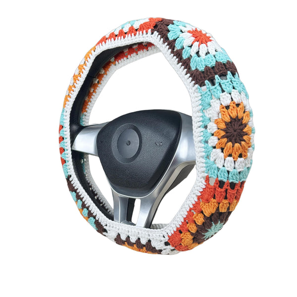 Handmade Crochet vintage multicolor sunflower Steering Wheel Cover for Women Girl, Cute Flower Seat Belt Cover, Car Interior Accessories Decorations,new car gift