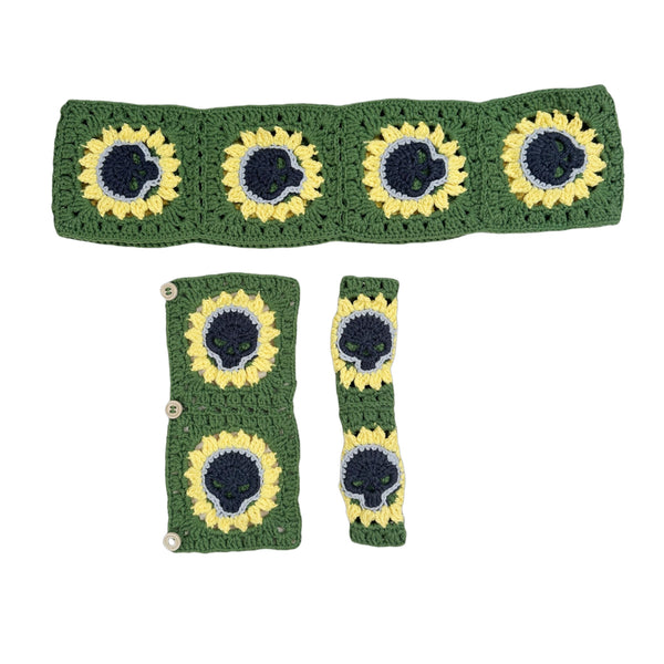 Handmade Crochet gothic skull sunflower Steering Wheel Cover for Women Girl, Cute Colorful Flower Seat Belt Cover, Car Interior Accessories Decorations.