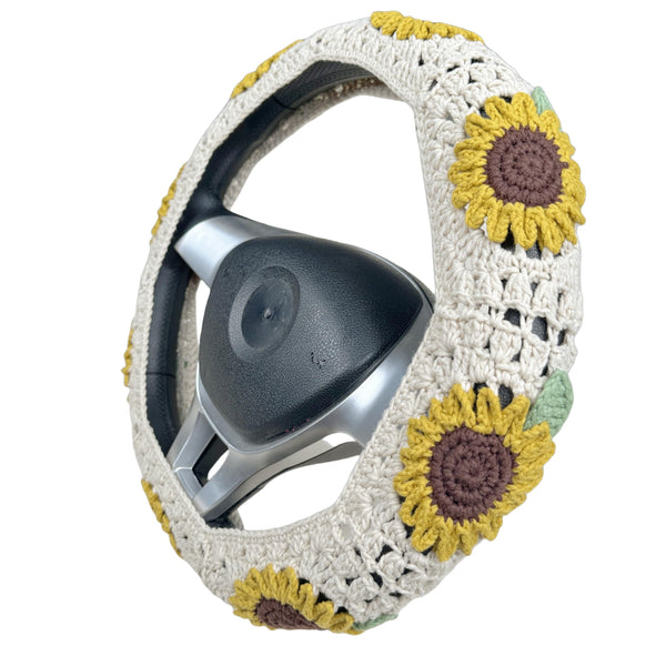 Handmade Crochet Sunflower with leaf Steering Wheel Covers Universal 14-15 inch for Women and Men,New Car Gift,Handmade Gift