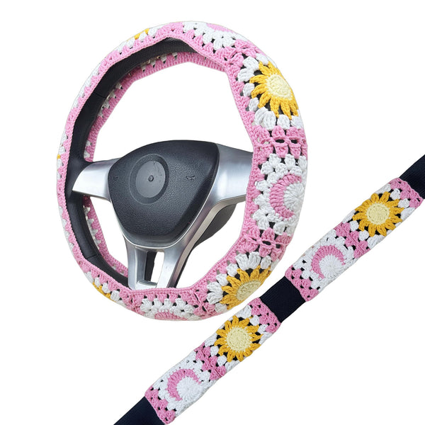 Handmade Crochet Pink Sun and moon Steering Wheel Cover for Women Girl, Cute Flower Seat Belt Cover, Car Interior Accessories Decorations,new car gift