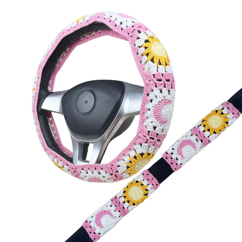 Handmade Crochet Pink Sun and moon Steering Wheel Cover for Women Girl, Cute Flower Seat Belt Cover, Car Interior Accessories Decorations,new car gift