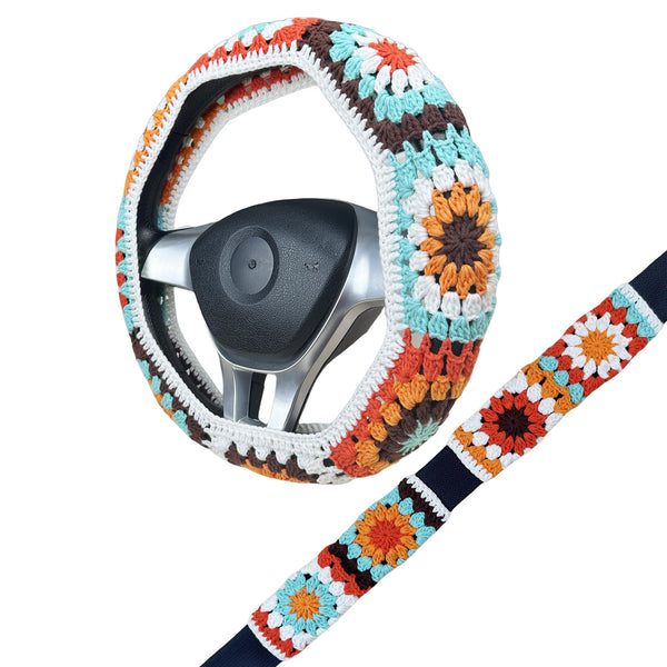 Handmade Crochet vintage multicolor sunflower Steering Wheel Cover for Women Girl, Cute Flower Seat Belt Cover, Car Interior Accessories Decorations,new car gift