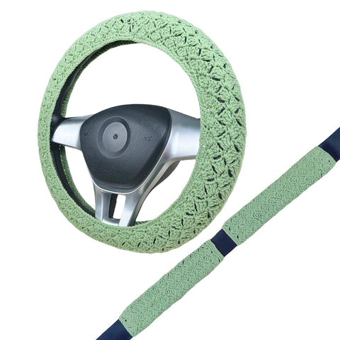 Handmade Crochet Green Steering Wheel Cover for Women Girl, Cute Flower Seat Belt Cover, Car Interior Accessories Decorations,new car gift